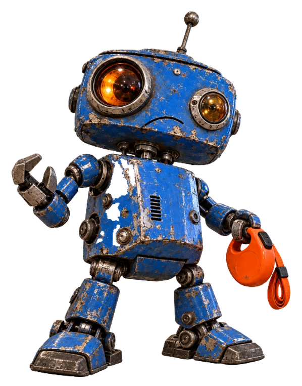 A small, battered blue robot with glowing orange eyes and a frown, holding an orange leash handle.